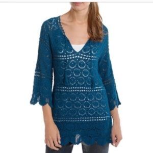 LUCKY IN LOVE DEEP TEAL OPEN KNIT CROCHET TOP